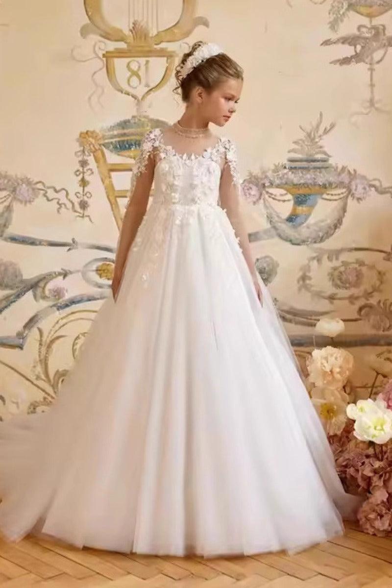 A-Line Illusion Neck Floral Applique Tulle Flower Girl Dresses 972513009627 - 10 Days / White / 2 - COCOMELODY